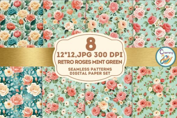Download Seamless Paper: Retro Roses Mint Green - Paper Collection